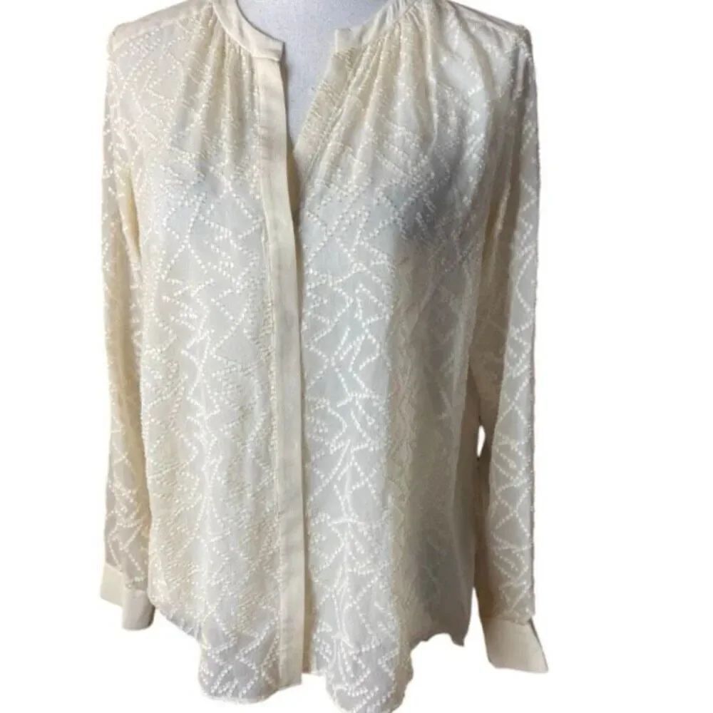Rebecca Taylor Womens Cream Sheer Clip Dot Textured Silk Blend V Neck Top Size 4